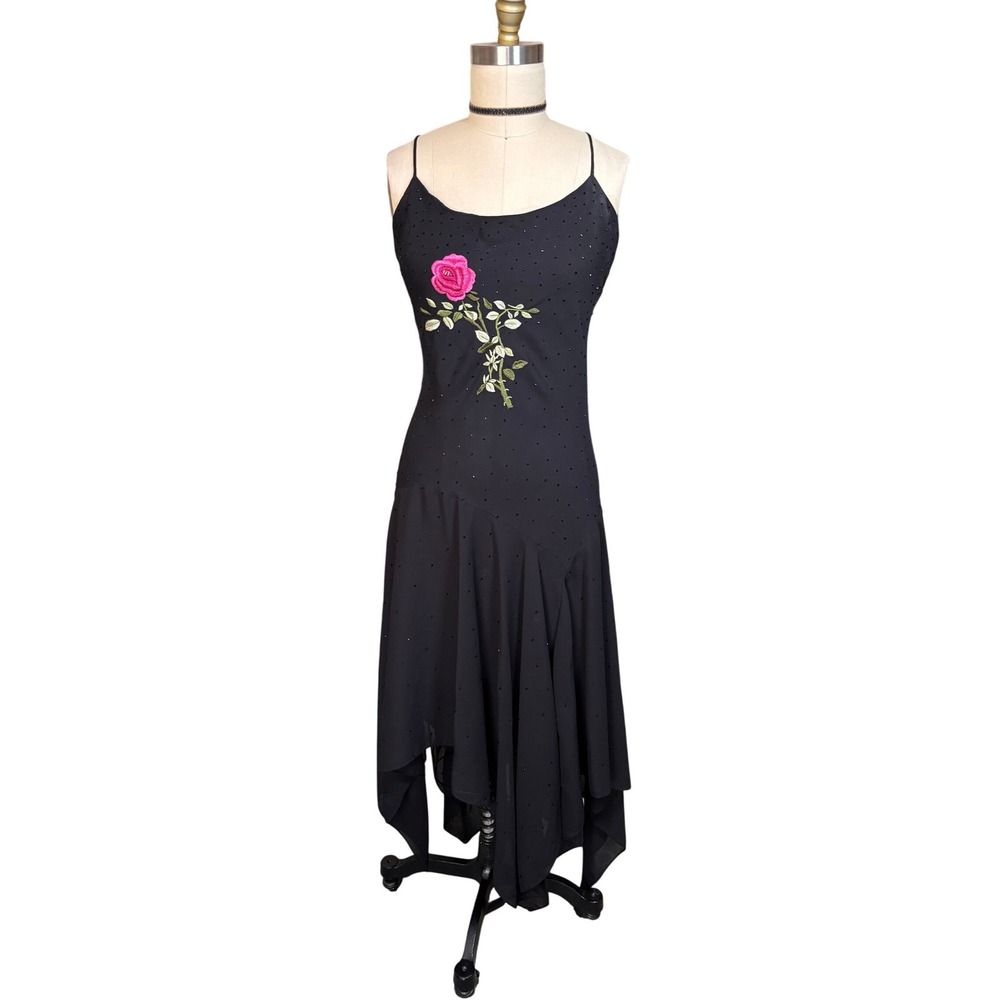 Y2K Vintage Beaded Rose Floral Embroidered Handkerchief Hem Midi Dress Black‎